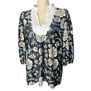 SMITH & QUINN Women's Blouse in Black w/Floral Print Elastic Cuffs Size Small